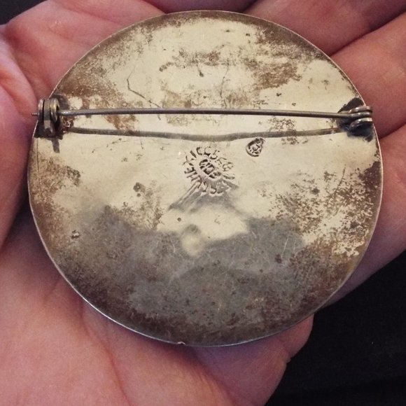 MEXICO TAXCO 925, COPPER & BRASS LAPIS TURQUOISE LARGE MOSAIC ROUND PIN 16 - Picture 2 of 2